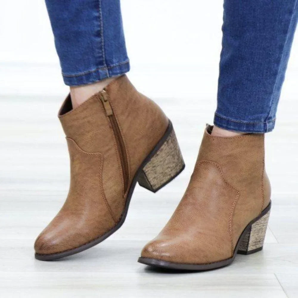 Ankle Boots Cowgirl Block Heel Pointed Toe Low Shaft Brown Faux Leather Zipper - Picture 9 of 15